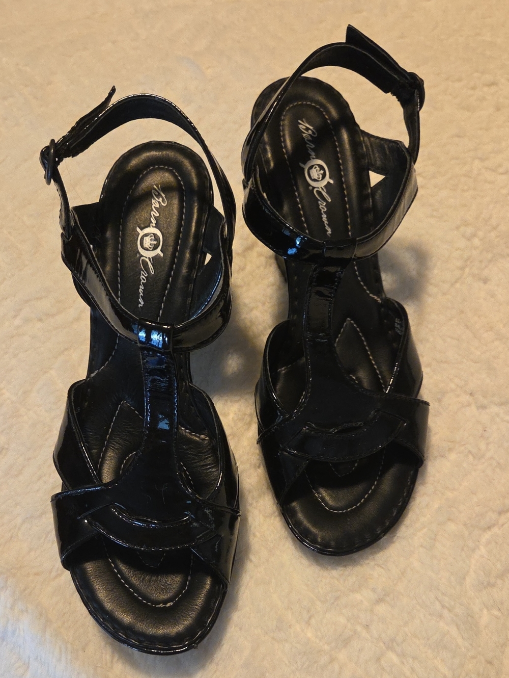 Born Black Patent Leather T-Strap Heeled Sandals